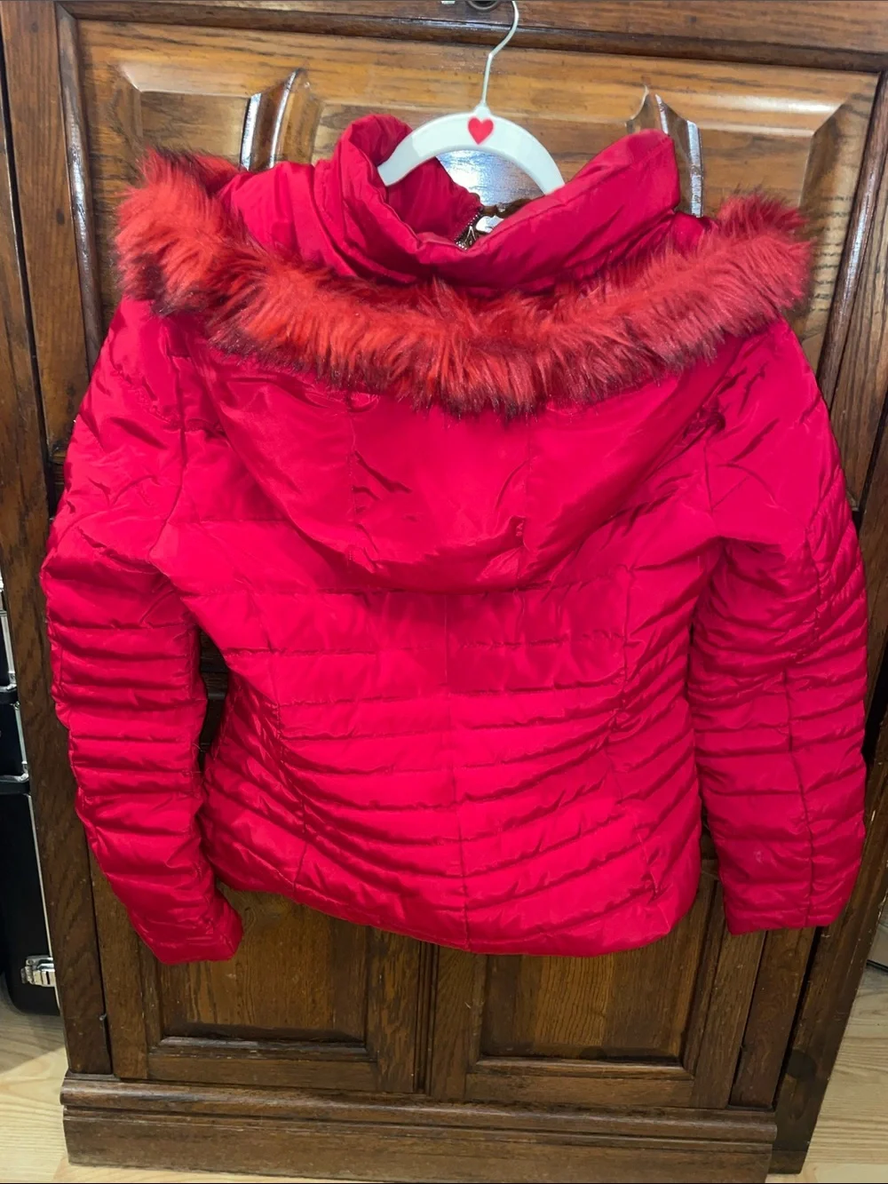 Armani Jeans Girls Red Faux Fur Quilted Winter Coat Removable Hood size 10